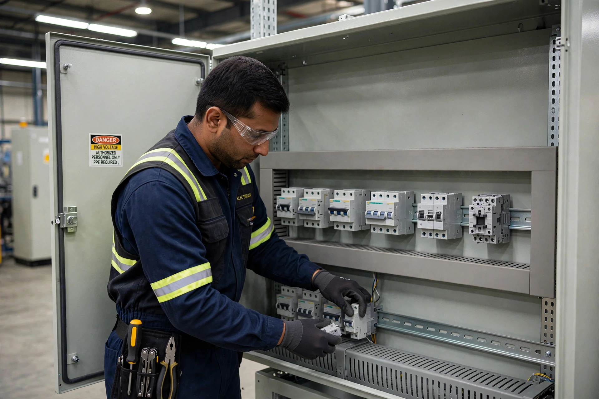 Electrician working safely inside an organized electrical enclosure