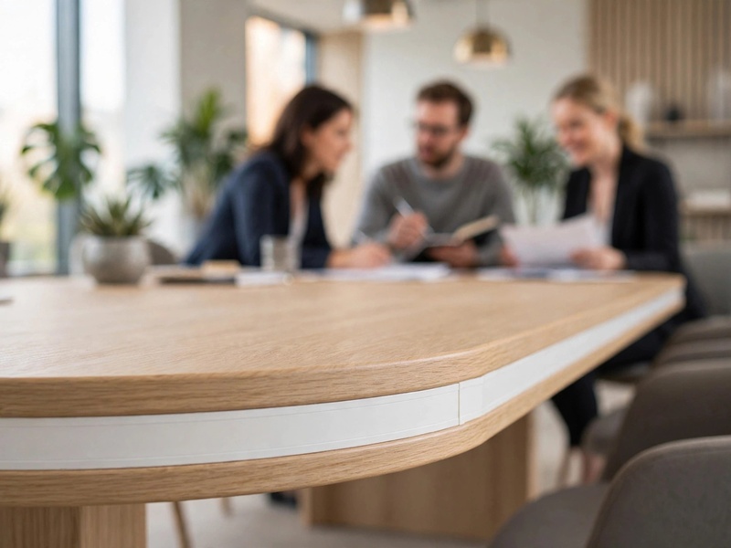 Oak meeting table protected by an Aero Plastics T-moulding edge profile